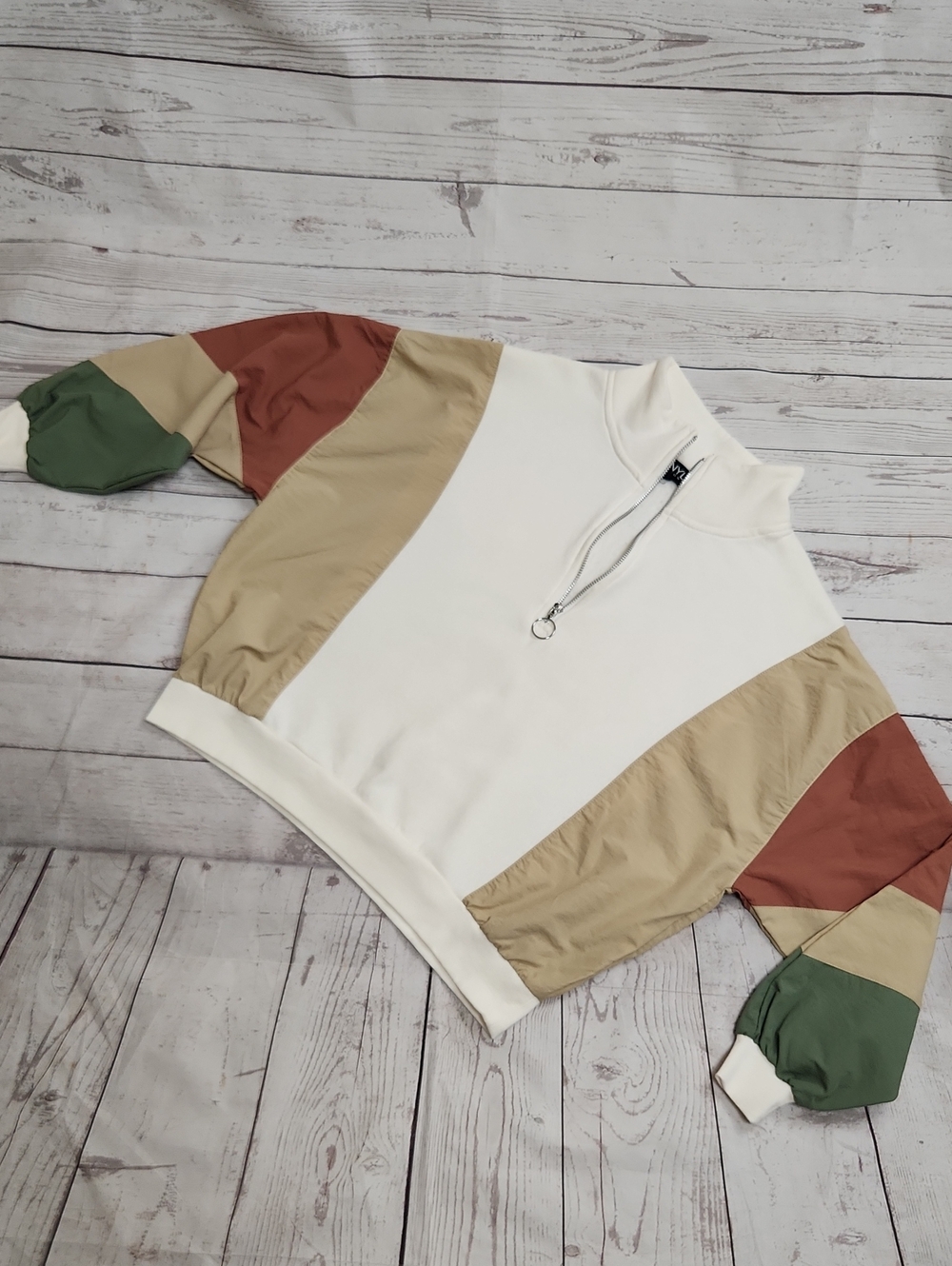 Colorblock Half-Zip Pullover Sweatshirt - White with Tan, Rust & Green Panels